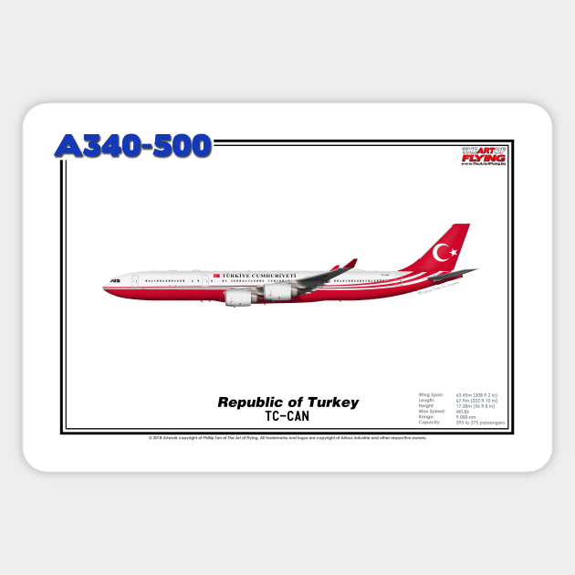 Airbus A340-500 - Republic of Turkey (Art Print) Sticker by TheArtofFlying